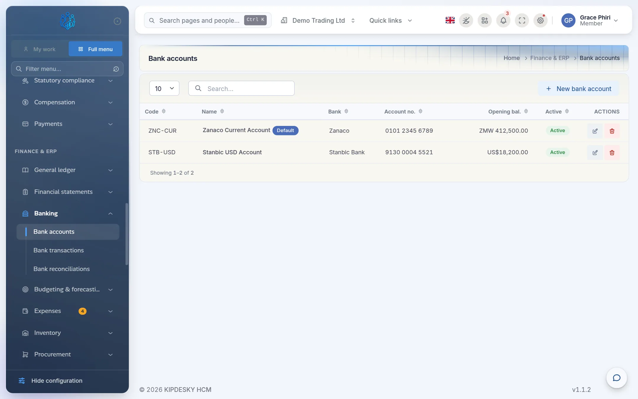 The bank accounts list with a Zanaco current account marked Default and a Stanbic USD account