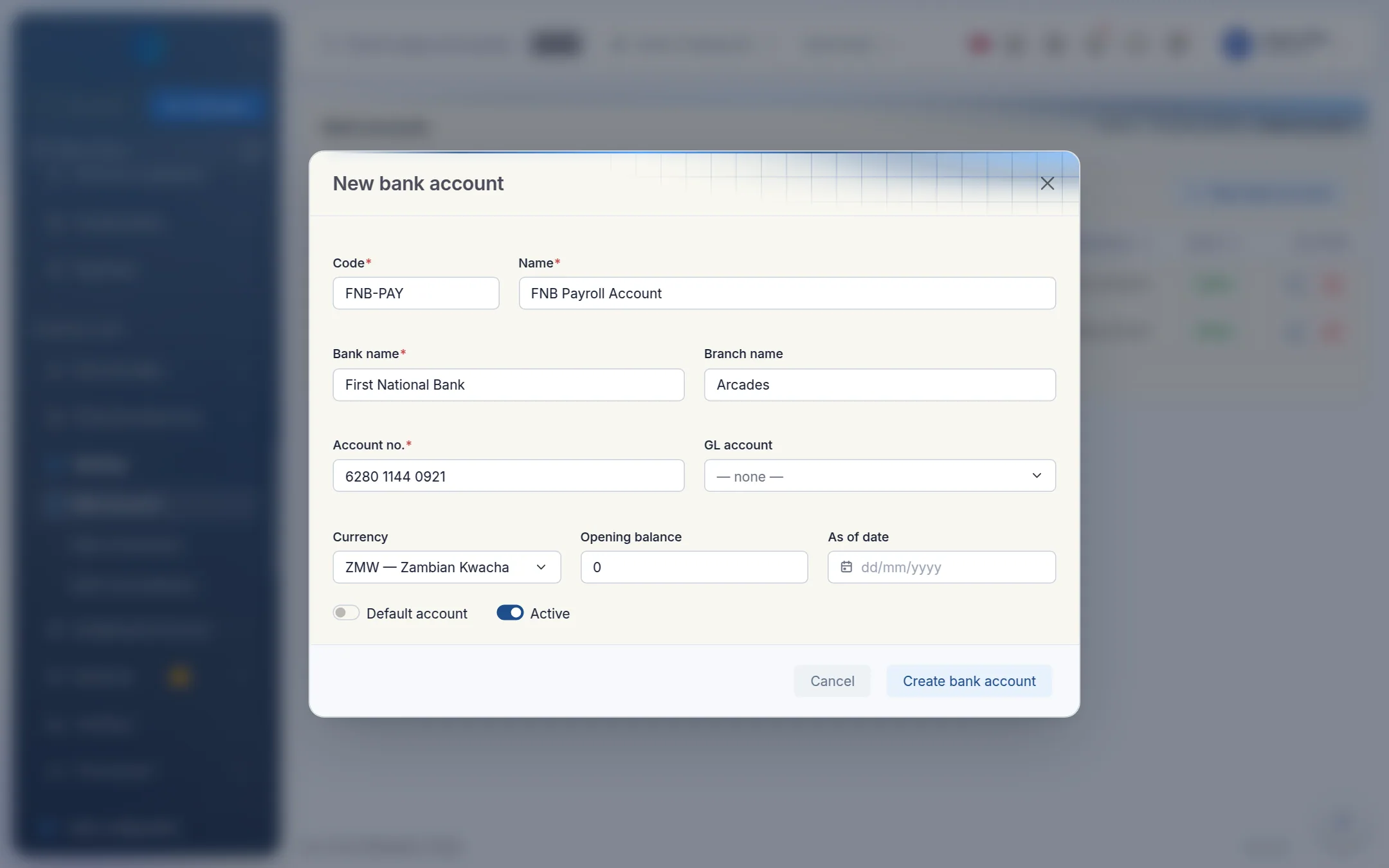 The New bank account form filled in for an FNB payroll account