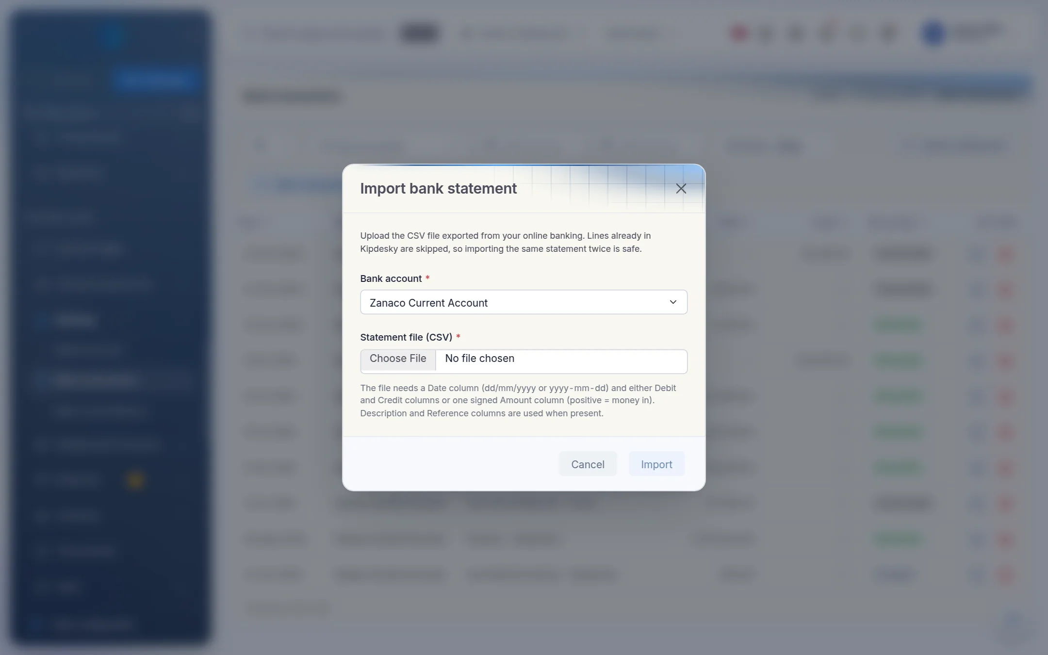 The Import bank statement dialog with a bank account selected