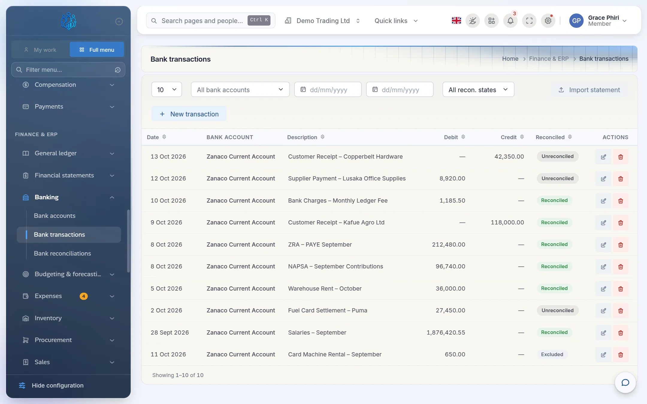 The bank transactions list for the Zanaco current account