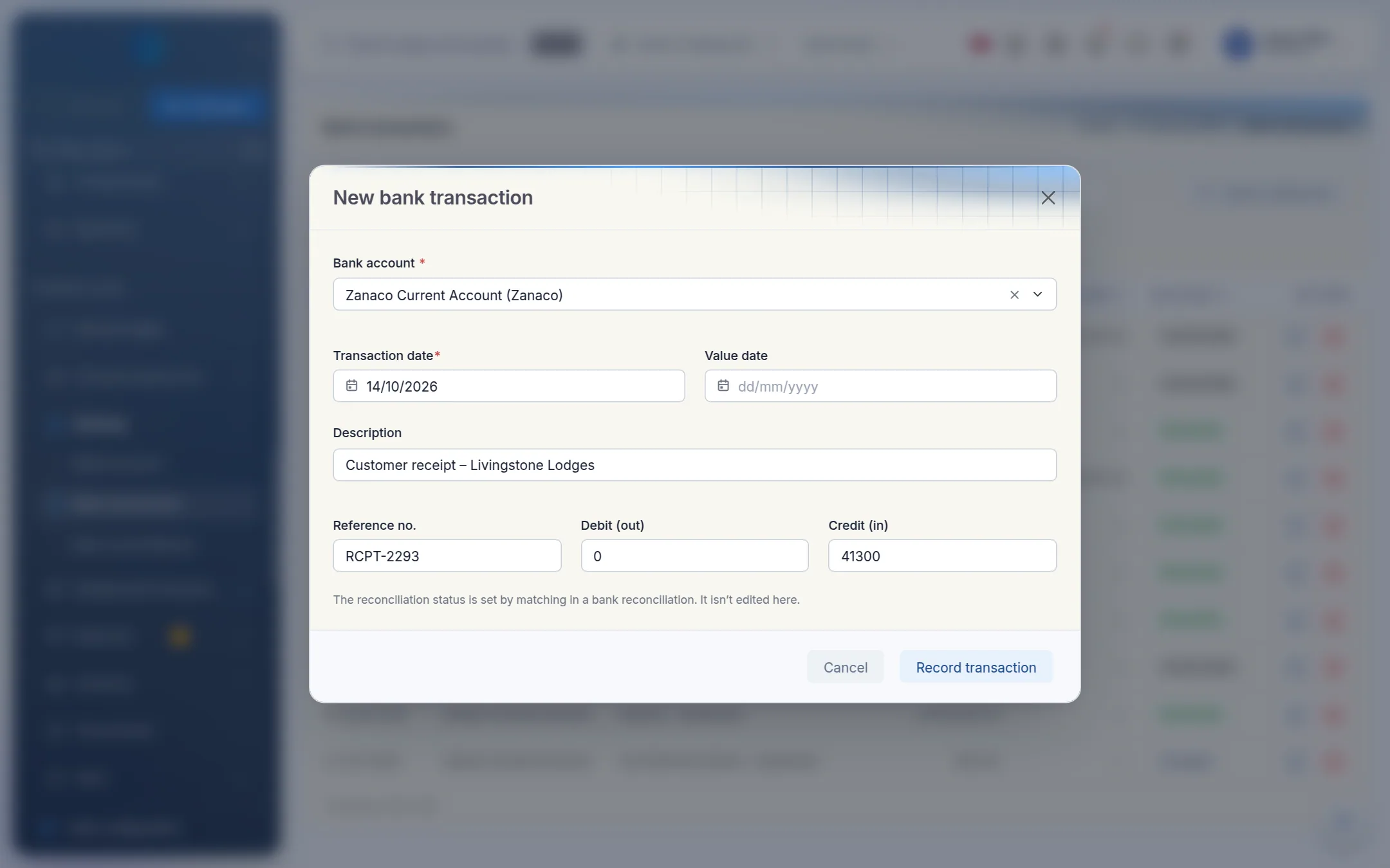 The New bank transaction form for a customer receipt