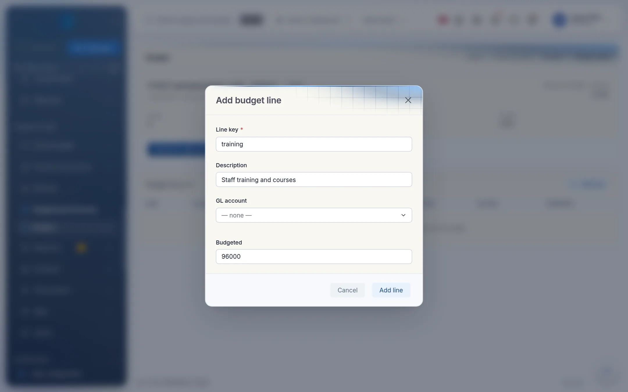 The Add budget line form for staff training
