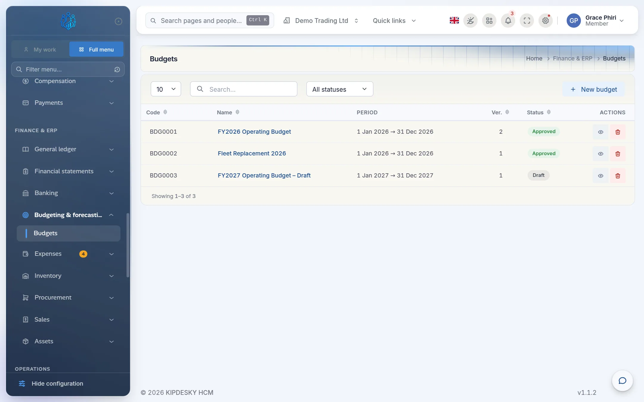 The budgets list with an active operating budget, an approved capital budget and a draft