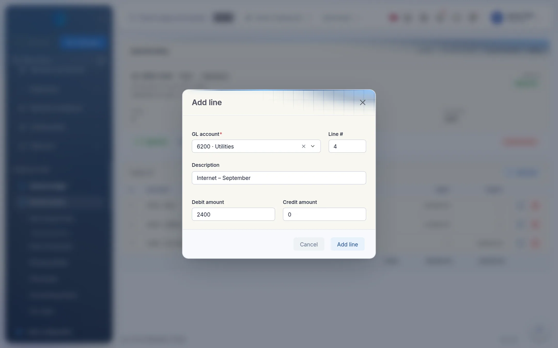 The Add line form with the Utilities account and a debit amount
