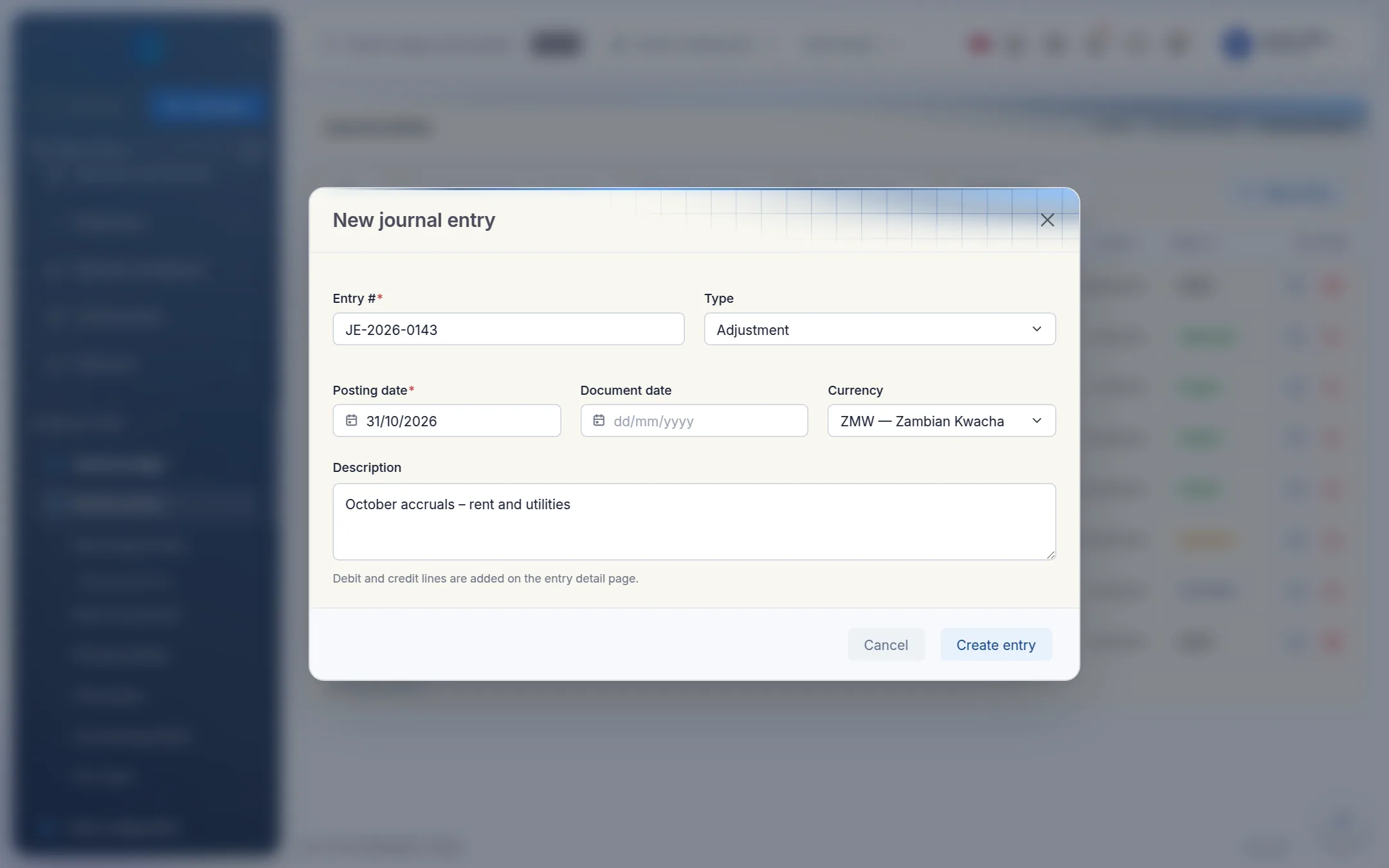 The New journal entry form