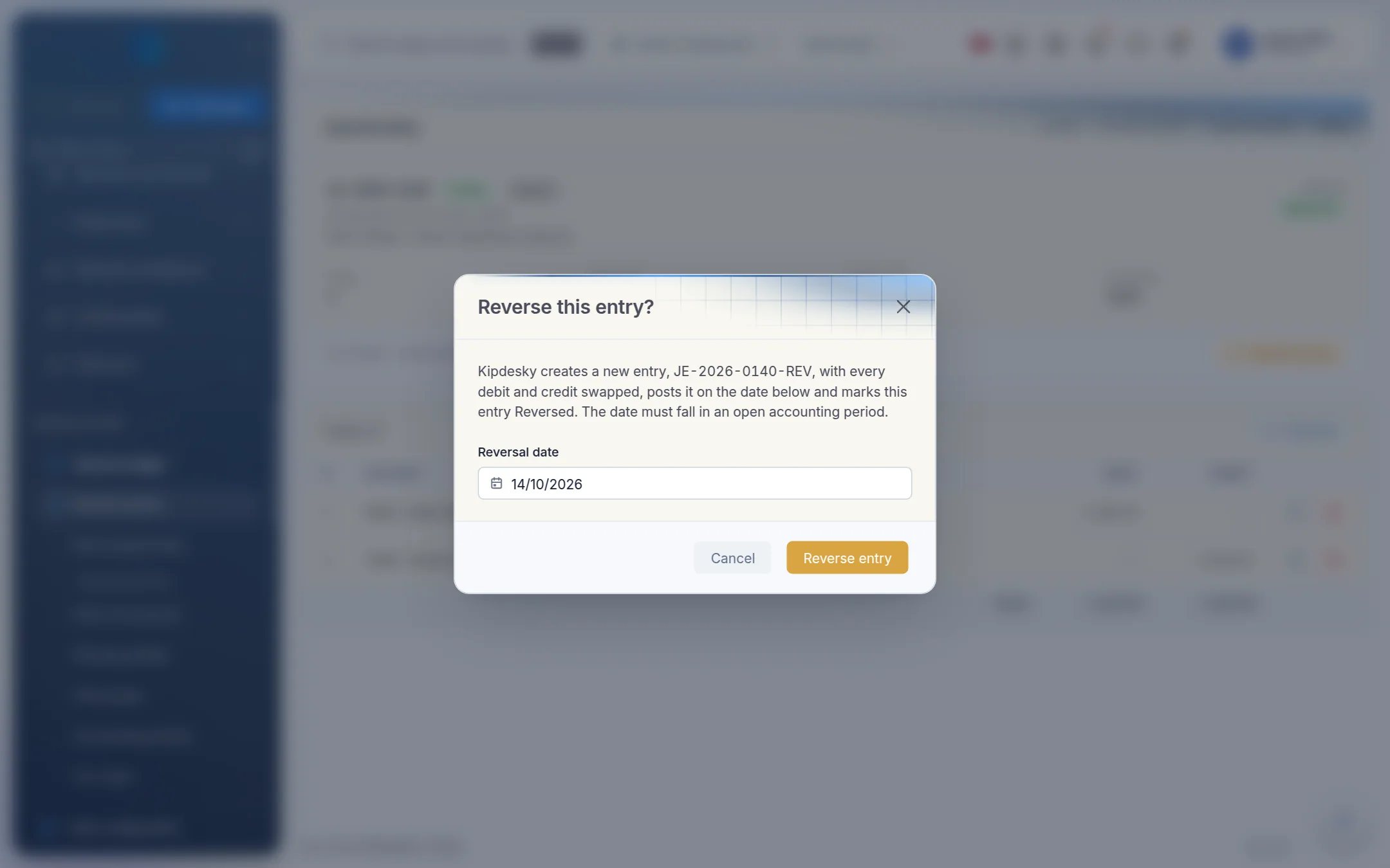 The Reverse this entry dialog with a reversal date