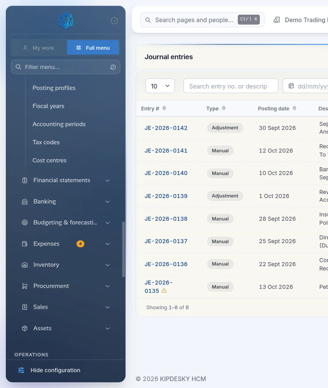The Finance & ERP section of the sidebar with General ledger open