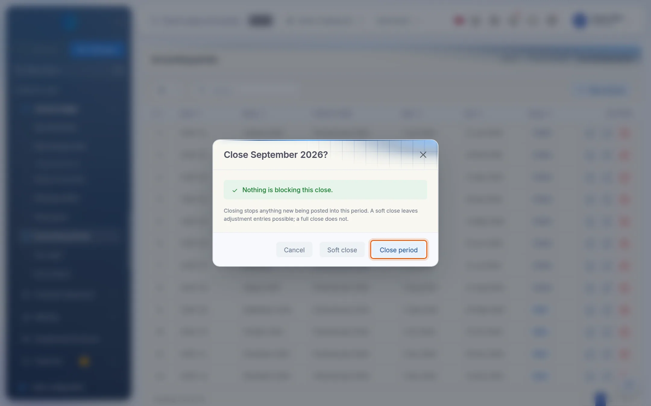 The close dialog showing nothing is blocking the close, with Close period highlighted