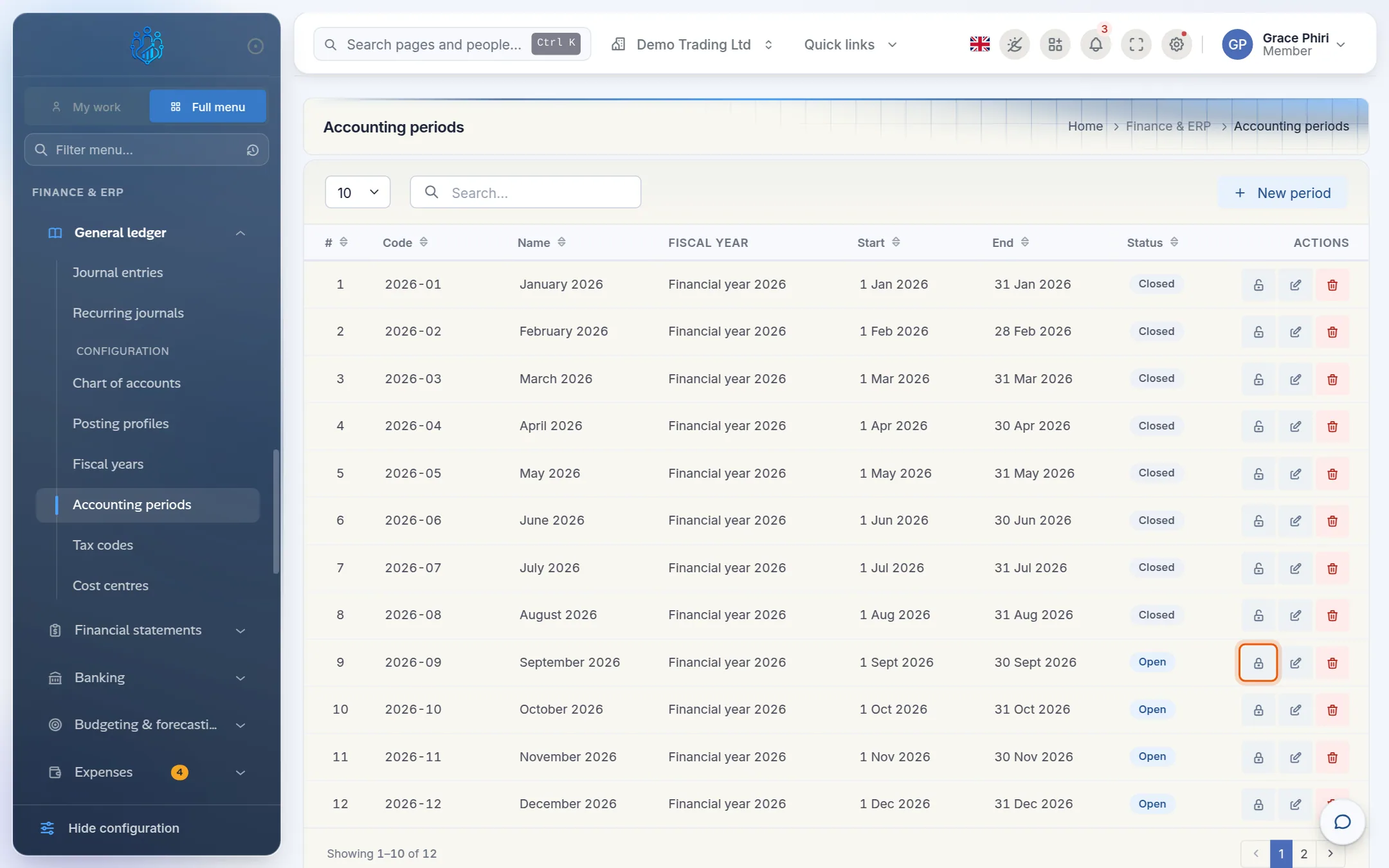 The accounting periods list with the Close period icon highlighted for September 2026