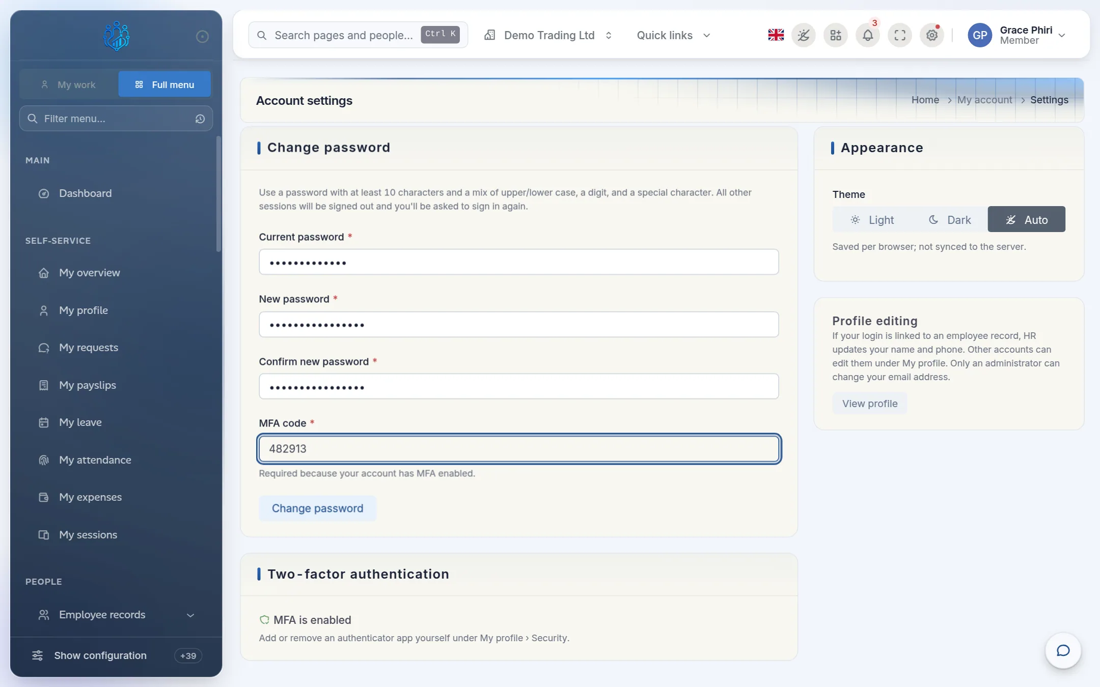 The Change password form on the Account settings page