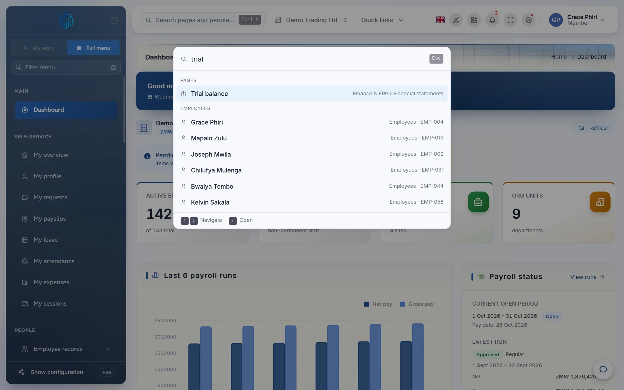 The command palette showing Trial balance as a result for the search trial