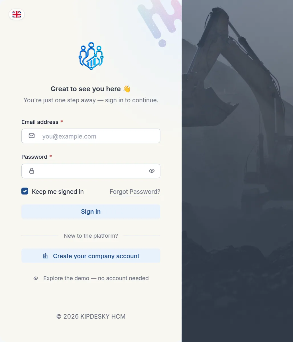The Kipdesky sign-in page with email and password fields