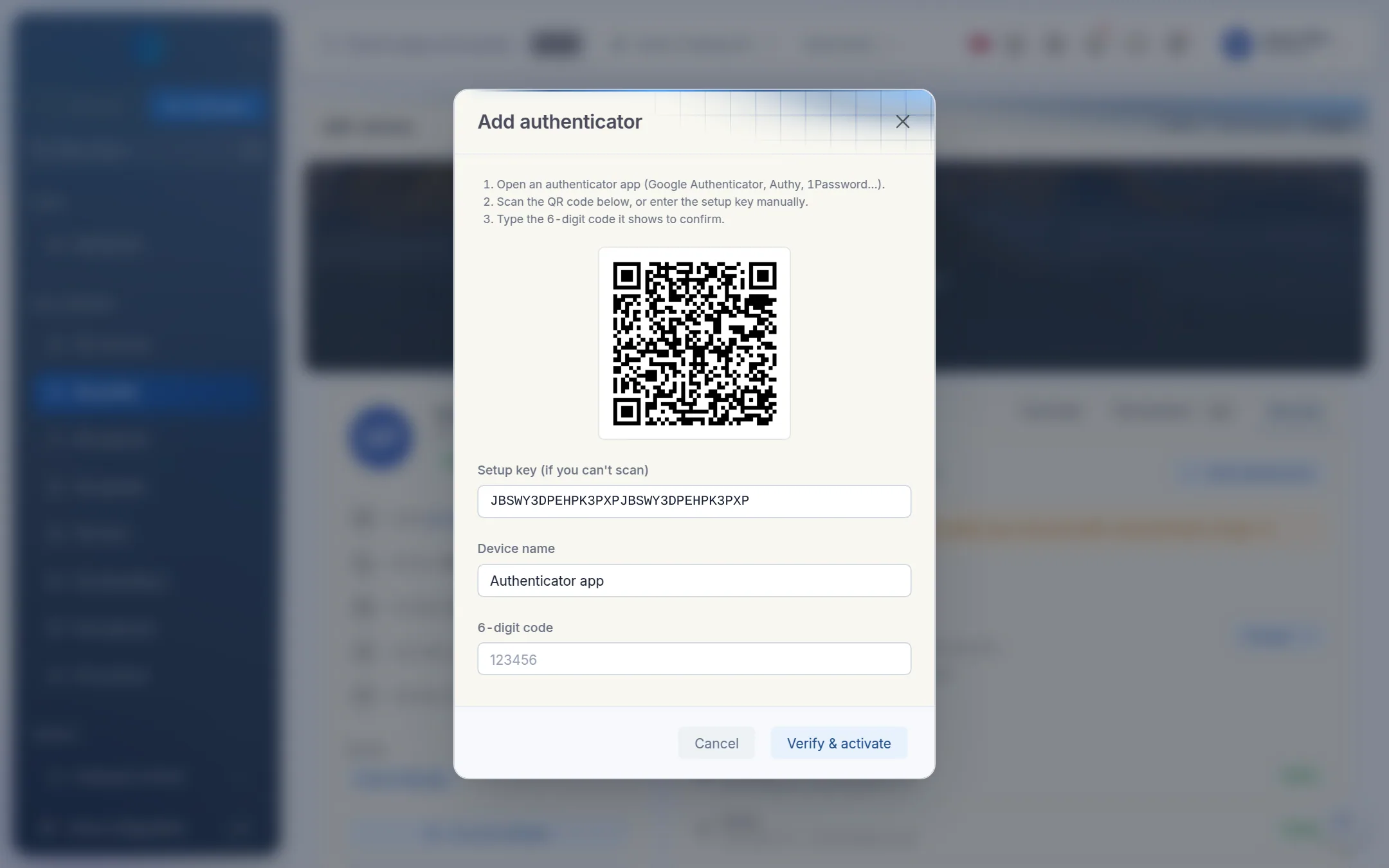The Add authenticator dialog with a QR code, setup key, device name and code fields