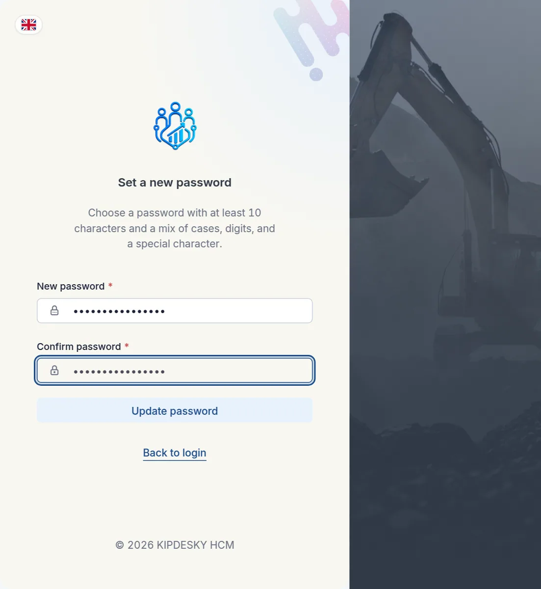 The Set a new password page