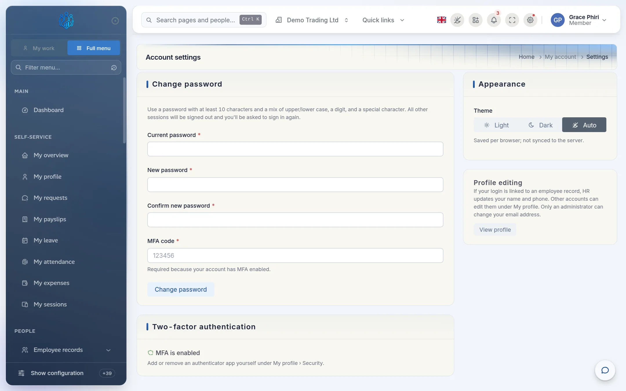 The Account settings page with Change password and Appearance