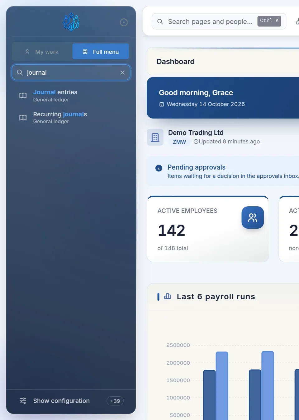 The sidebar filtered by the word journal, showing Journal entries and Recurring journals
