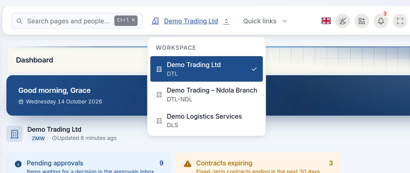 The workspace menu listing three companies